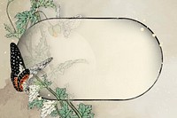 Leafy butterfly oval frame vector