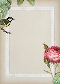 Sparkling rosebush and yellow great tit bird with a white frame on beige background illustration