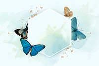 Hexagon frame with blue butterflies patterned background vector