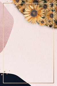 Gold frame on pink collage background with sunflowers patterned illustration