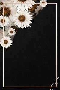 Gold frame on white flower patterned black background illustration