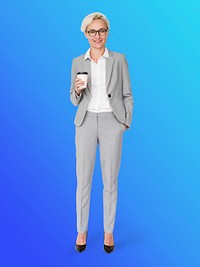 Cheerful businesswoman holding a coffee cup mockup character isolated on a blue background