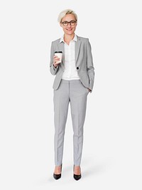 Cheerful businesswoman holding a coffee cup mockup character isolated on a white background