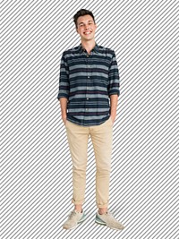 Cheerful young man character isolated on a striped background