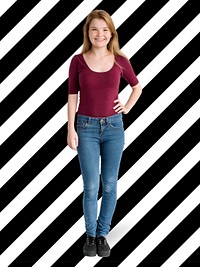 Cheerful blond girl in jeans character isolated on a striped background