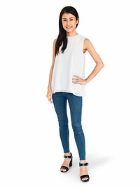 Cheerful Asian woman  in jeans character isolated on a white background