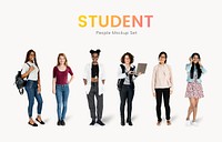 Young female student character mockups set