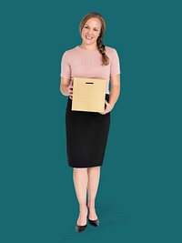 Woman holding a paper box character isolated on green background