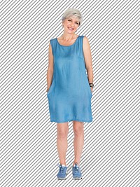 Elderly woman in a jeans dress character isolated on a striped background