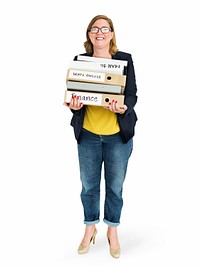Cheerful woman holding folders character isolated on a white background