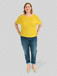 Cheerful woman in a yellow tee character isolated on a striped background