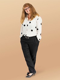 Cheerful woman in a polka dots shirt character isolated on beige background