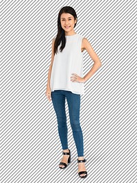 Cheerful Asian woman in jeans character isolated on a striped background
