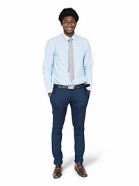 Black businessman in a blue shirt character isolated on a white background