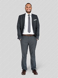 Cheerful businessman in a dark gray suit character isolated on a striped background