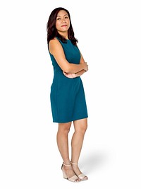 Cheerful Asian businesswoman in a blue dress character isolated on a white background