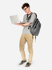 Nerdy boy with his laptop character isolated on a white background