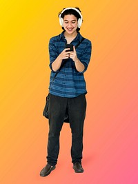 Young Asian boy with his headphones character isolated on orange background