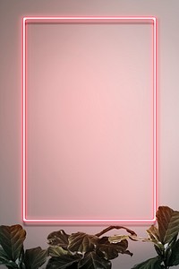 Pink neon frame on a wall with tropical plants mockup design