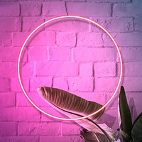 Pink neon lights frame on a white brick wall mockup