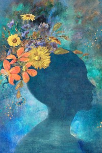 Woman shadow with flowers on blue painting background illustration