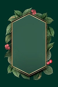 Cherry leaves with hexagon gold frame on green background vector