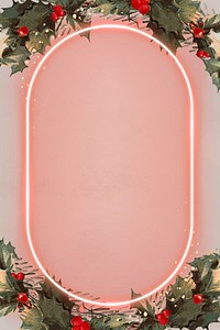 Oval pink neon frame on Christmas background vector