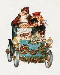 Santa Claus on a car with children sticker illustration