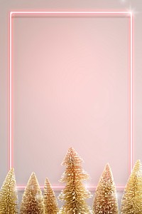 Pink neon frame with gold Christmas trees background illustration