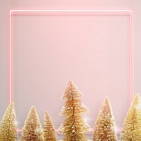 Pink neon frame with gold Christmas trees background illustration