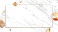 Metallic baubles with gold frame on white marble social template mockup