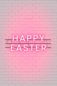 Pink Happy Easter neon sign on a white brick wall vector
