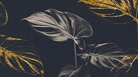 Silver and golden monstera leaves on a navy blue background 