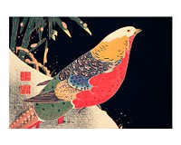 Golden pheasant in the snow vintage illustration wall art print and poster design remix from the original artwork by Ito Jakuchu. 