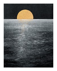 Moon rising over the sea vintage illustration wall art print and poster design remix from original artwork.