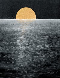 Moon rising over the sea vintage illustration, remix from original artwork.
