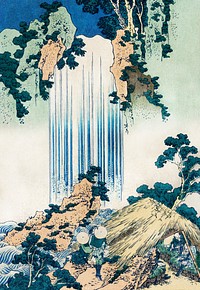 Yoro waterfall vintage illustration, remix of original illustration by Hokusai.