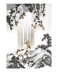 Vintage shiny golden Yoro waterfall illustration wall art print and poster design remix of original illustration by Hokusai.