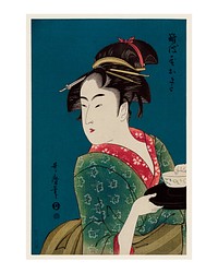 Traditional Japanese woman vintage illustration wall art print and poster design remix from original artwork.