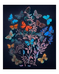 Butterflies and moths fluttering over flowers vintage illustration wall art print and poster design remix from original artwork.