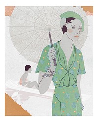 Woman with umbrella vintage illustration wall art print and poster design remix from original artwork by M. Renaud.