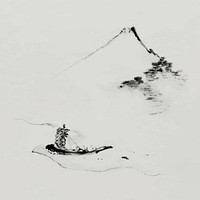 Small boat on a river with Mount Fuji grayscale vintage illustration, remix from original artwork.