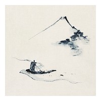 Small boat on a river with Mount Fuji vintage illustration, remix from original artwork.