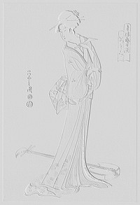 Embossed Japanese woman in kimono and a shamisen on the floor, a traditional Japanese Ukyio-e style vintage illustration, remix from original artwork.