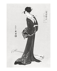 Japanese woman in kimono and a shamisen on the floor ukyio-e style vintage illustration wall art print and poster design remix from original artwork.