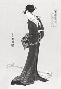 Japanese woman in kimono and a shamisen on the floor, a traditional Japanese Ukyio-e style vintage illustration, remix from original artwork.