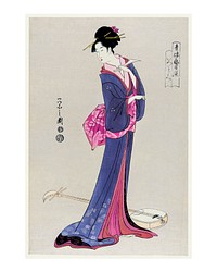 Japanese woman in kimono and a shamisen on the floor ukyio-e style vintage illustration wall art print and poster design remix from original artwork.