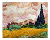 Pastel Wheat Field with Cypresses vintage illustration, remix from original painting by Vincent van Gogh.