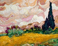 Pastel Wheat Field with Cypresses vintage vector, remix from original painting by Vincent van Gogh.