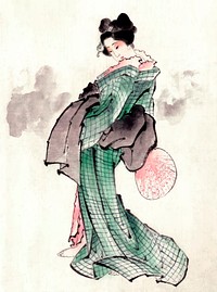 Japanese woman in a kimono, a traditional Japanese Ukyio-e style vintage vector, remix from original artwork.